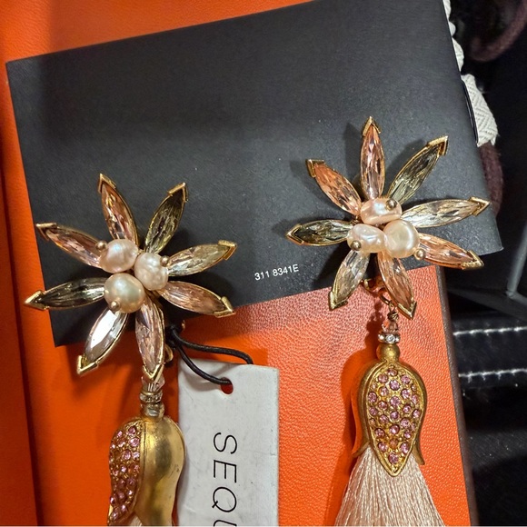 Sequin handmade artisan crystal flower silk Cream Tassel gold clip on Earrings - Picture 2 of 8